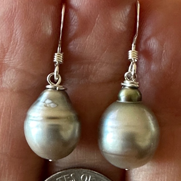HANDMADE 10mm Wide Baroque REAL Tahitian Pearl Earrings - 925 Sterling Silver - Picture 3 of 5